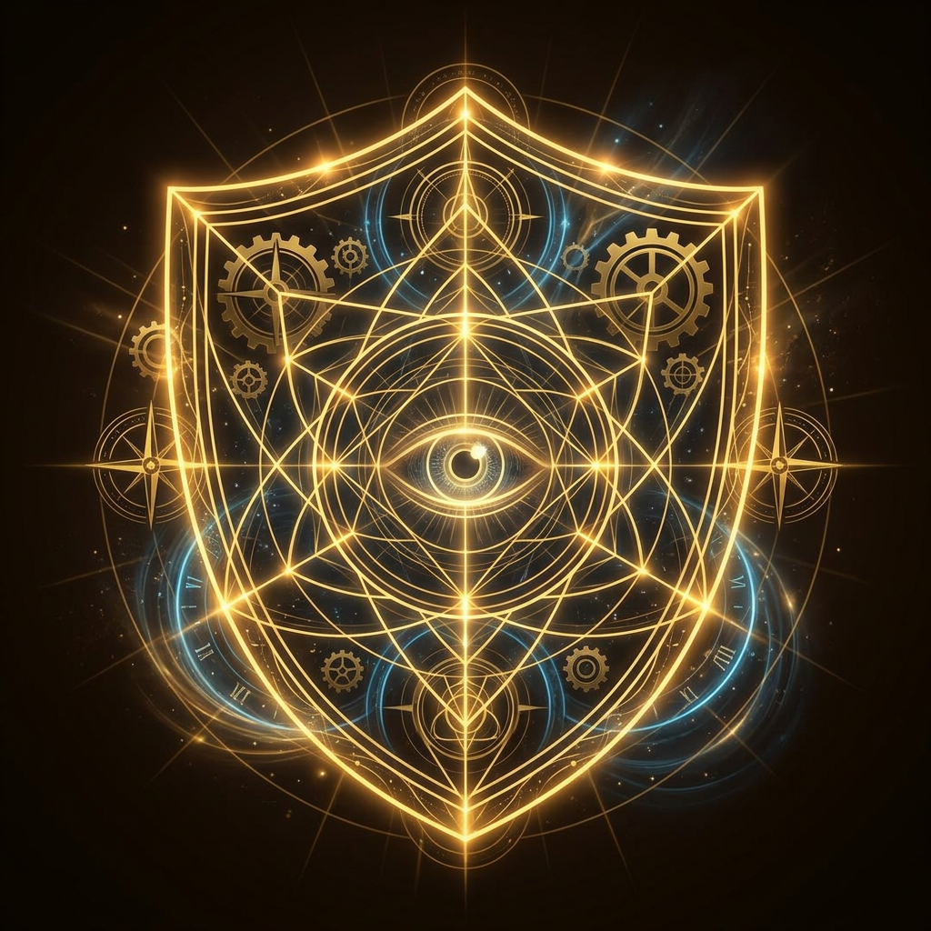 Square 300x300. Glowing gold (#D4A800) intricate shield symbol interwoven with subtle cosmic geometry and a subtle eye motif inside. Ethereal deep brown-black background (#140C00) with soft warm amber light flares. Highly detailed, thin-lined, mystical style.