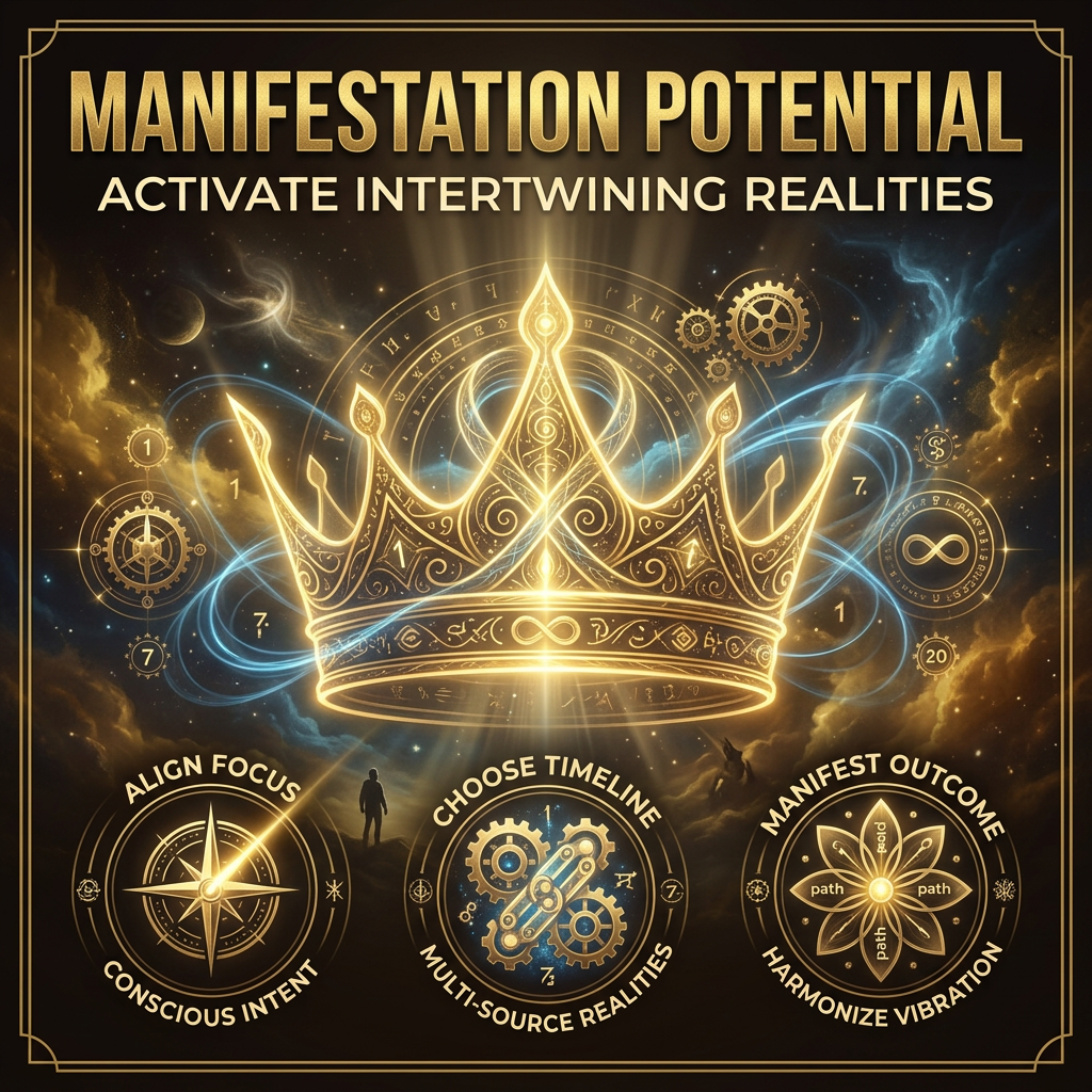 Square 300x300. Glowing golden majestic crown interwoven with intricate cosmic circular patterns and soft god rays on a deep moody background. Elegant, profound, and dominant.