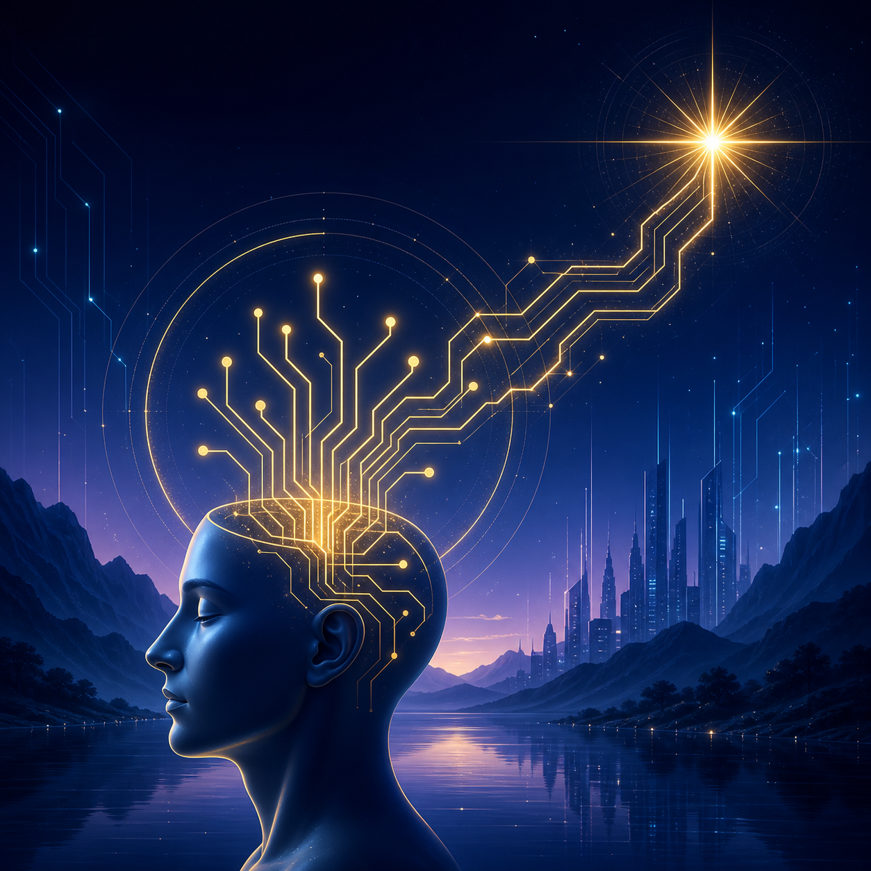Icona 3D minimalista. Una mente umana stilizzata da cui emergono linee di circuiti luminosi dorati (#D4AF37) che si collegano a una stella distante, sfondo blu notte. Nessun libro.