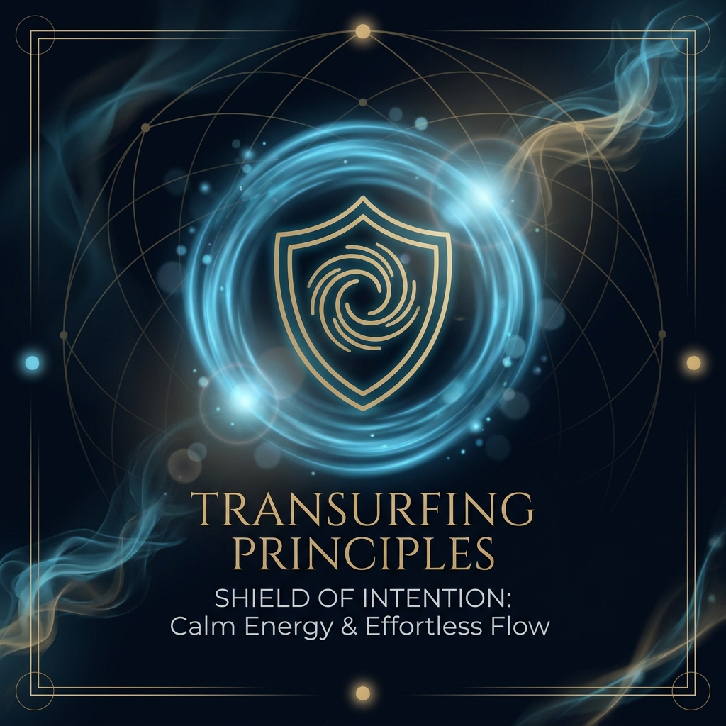 Apply Visual Style: Deep midnight navy and champagne gold color grade. Ethereal blue energy wisps. Sacred geometry. A minimalist gold vector icon of a glowing shield surrounded by calm, rippling cyan water energy.