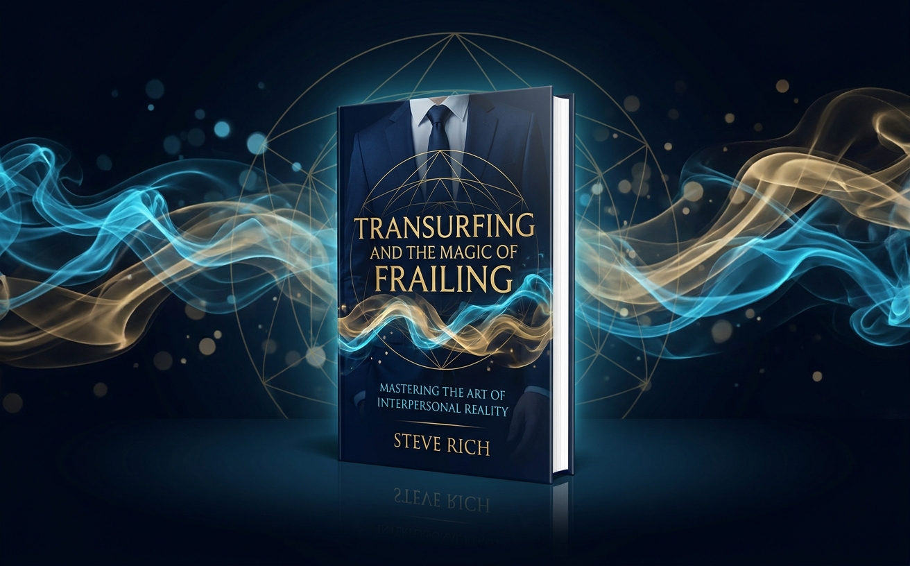 Apply Visual Style: Deep midnight navy and champagne gold color grade. High-end executive aesthetic. Use ethereal blue energy wisps and subtle sacred geometry lines in the background. Lighting is cinematic and moody. All elements must match the 'Transurfing and the Magic of Frailing' book cover brand identity: #0B111B, #C5A059, #5ED8F2. A sophisticated, confident individual standing tall in a dark, moody environment, surrounded by glowing cyan and gold ethereal energy trails. The person exudes effortless authority and calm. Text overlay in elegant gold serif font: "From Exhausted to Magnetic". Landscape 970x600.