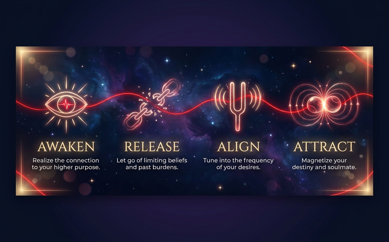 [SPECIFICATION BLOCK: COLOR PALETTE: Primary #0B1026, Secondary #2D1B4D, Accent #FF1A1A, Typography #E6D2A3. ICON STYLE: Ethereal Glow Line Art. BACKGROUND: Cosmic Noir with Depth. MOOD: Mystical, Soulful. DECORATIVE: The Red Thread.] A wide Amazon A+ Banner displaying a 4-step horizontal infographic roadmap connected by a continuous, glowing crimson thread. The background is a deep space gradient with soft bokeh. Step 1: "Awaken" (glowing eye icon). Step 2: "Release" (shattering chains icon). Step 3: "Align" (tuning fork icon). Step 4: "Attract" (two magnetic spheres merging). All labels in English in champagne gold typography. Premium marketing design. Landscape 970x600.