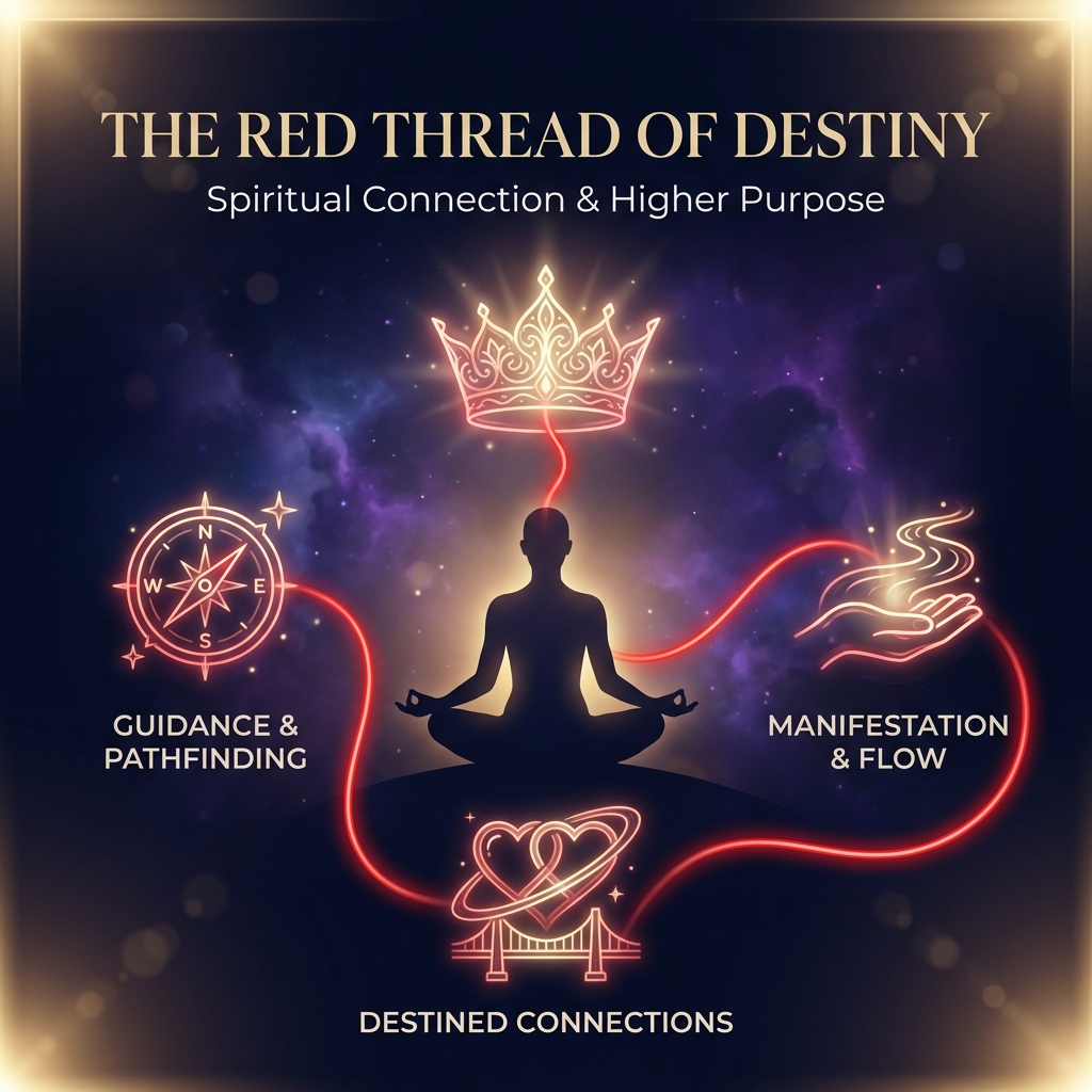 [SPECIFICATION BLOCK: Cosmic Noir style, #0B1026 background, #FF1A1A accents, #E6D2A3 text] Ethereal glow line art icon of a glowing crown floating above a serene silhouette, connected by a crimson thread. Mystical and premium.