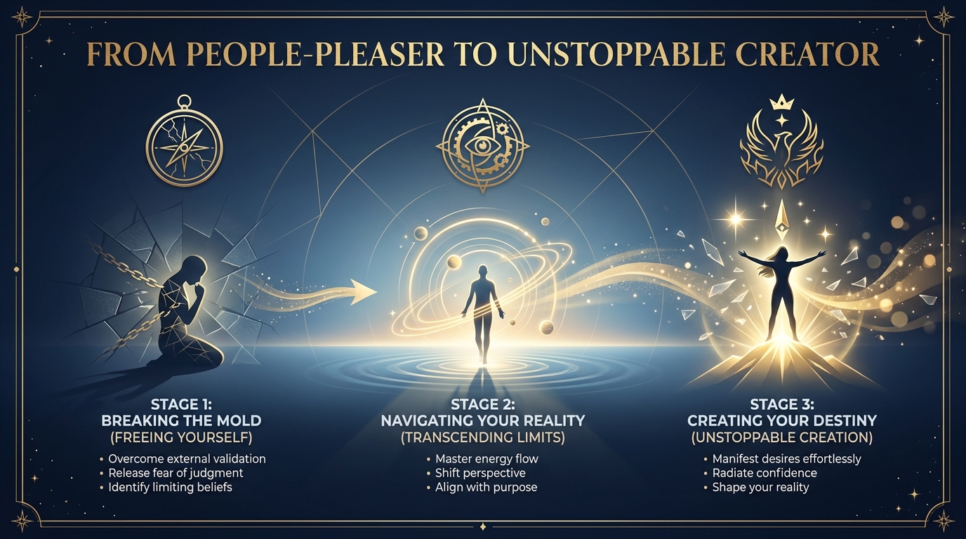 Style Guide [TRANSURFING-BRAND-V1]: Cinematic photography style, deep midnight blue and metallic gold color grade (#0A1931, #C5A059). Lighting: Ethereal glow from a central horizon. Elements: Minimalist geometric gold lines, shattered glass textures, high-end spiritual aesthetic. Atmosphere: Empowering, serene, and premium. No bright neon, no clutter, no cartoon styles. High-contrast, 8k resolution, elegant composition. --ar 16:9. Visual: A silhouette stepping confidently through a shattered glass barrier toward a luminous horizon. Text overlay in elegant gold serif font: "FROM PEOPLE-PLEASER TO UNSTOPPABLE CREATOR".