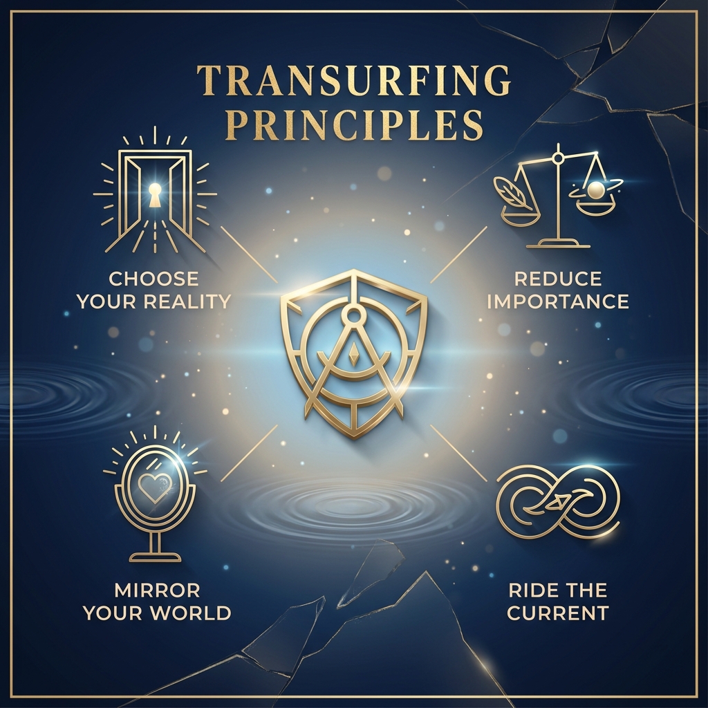 Style Guide [TRANSURFING-BRAND-V1]: Cinematic photography style, deep midnight blue and metallic gold color grade (#0A1931, #C5A059). Lighting: Ethereal glow from a central horizon. Elements: Minimalist geometric gold lines, shattered glass textures, high-end spiritual aesthetic. Atmosphere: Empowering, serene, and premium. No bright neon, no clutter, no cartoon styles. High-contrast, 8k resolution, elegant composition. Visual: A minimalist geometric golden shield icon floating in a midnight blue void with subtle bokeh.