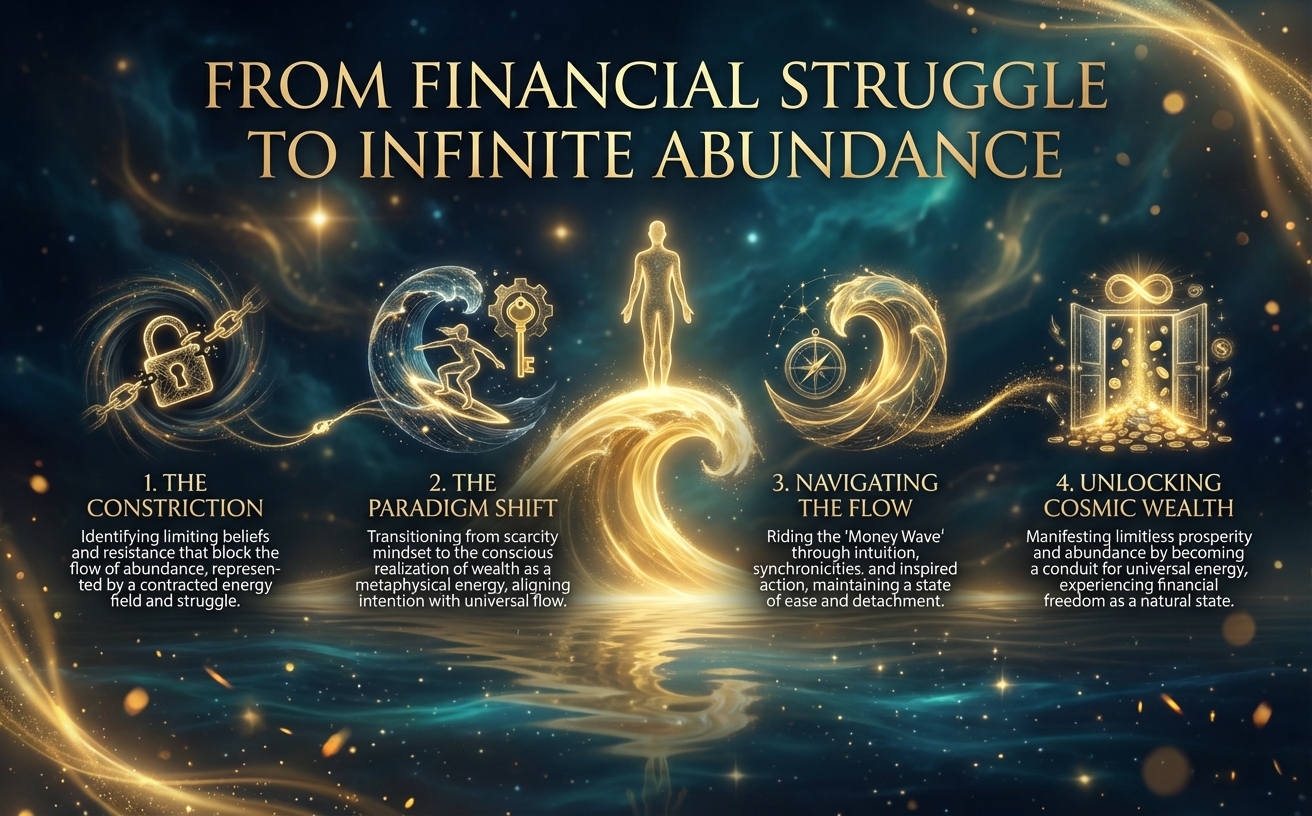Visual Style Guide: Cinematic Transurfing aesthetic. Color Palette: Midnight Navy (#051626), Deep Teal (#0A4D5E), and Metallic Gold (#D4AF37). Lighting: High-contrast, ethereal glow, golden particles, and cosmic nebulae. Subject Style: 3D energy constructs, glowing wireframe icons, and fluid motion blur. Atmosphere: Metaphysical, luxurious, serene power. Typography Reference: Elegant Serif, gold-leaf textures. Avoid: Flat design, literal paper money, corporate office settings, or bright neon colors. All imagery must feel like a blend of deep ocean and outer space. A powerful, aspirational hero image showing a silhouette of a person standing calmly on a glowing, ethereal wave of golden energy, surrounded by starry cosmic nebulae. Bold English text overlays the image: "From Financial Struggle to Infinite Abundance". Landscape 970x600.