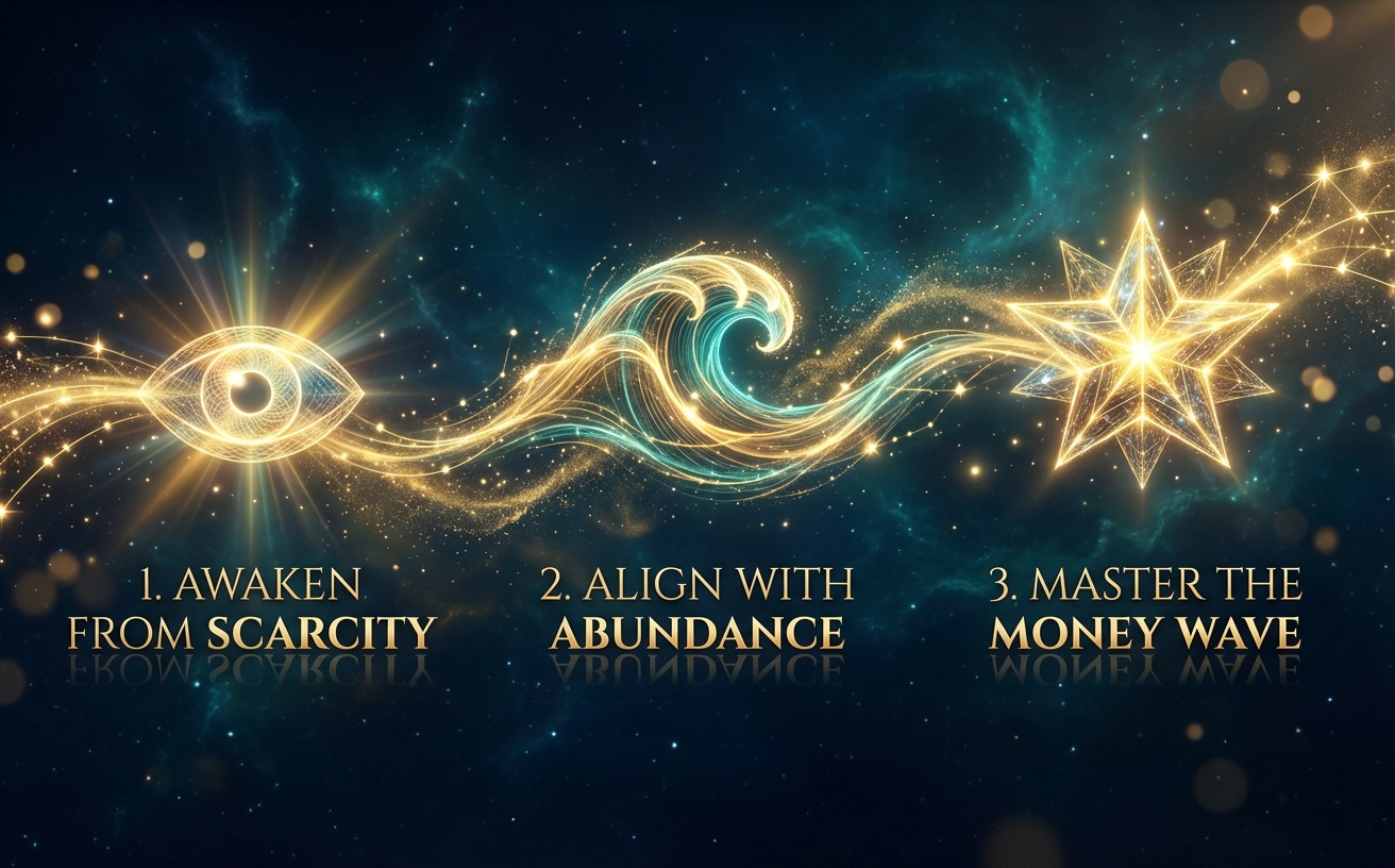 Visual Style Guide: Cinematic Transurfing aesthetic. Color Palette: Midnight Navy (#051626), Deep Teal (#0A4D5E), and Metallic Gold (#D4AF37). Lighting: High-contrast, ethereal glow, golden particles, and cosmic nebulae. Subject Style: 3D energy constructs, glowing wireframe icons, and fluid motion blur. Atmosphere: Metaphysical, luxurious, serene power. Typography Reference: Elegant Serif, gold-leaf textures. Avoid: Flat design, literal paper money, corporate office settings, or bright neon colors. All imagery must feel like a blend of deep ocean and outer space. A sweeping, curved timeline infographic resembling a glowing golden constellation over a deep cosmic ocean. Three glowing waypoints with English labels: 1. "Awaken from Scarcity", 2. "Align with Abundance", 3. "Master the Money Wave". Ethereal 3D icons (an open eye, a wave of light, a glowing star) mark each step. Landscape 970x600.