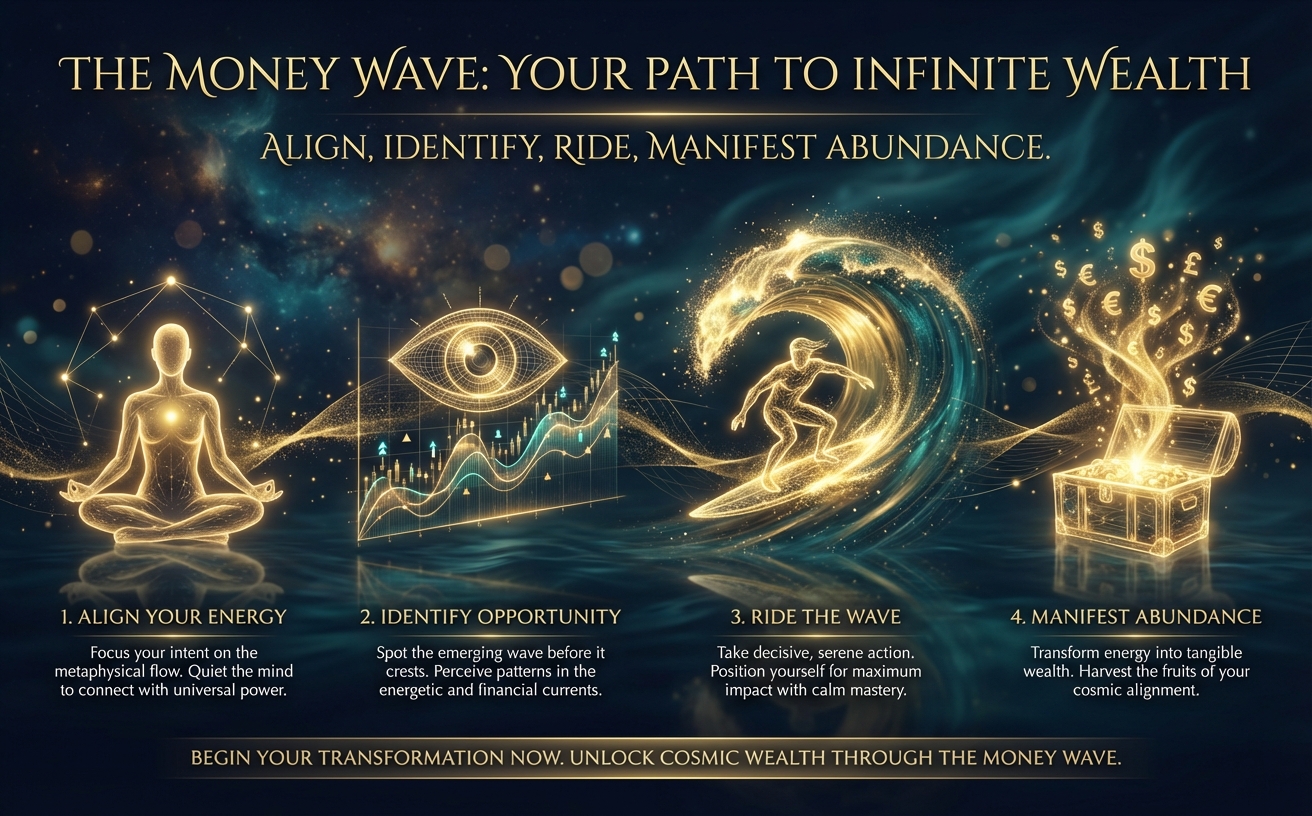 Visual Style Guide: Cinematic Transurfing aesthetic. Color Palette: Midnight Navy (#051626), Deep Teal (#0A4D5E), and Metallic Gold (#D4AF37). Lighting: High-contrast, ethereal glow, golden particles, and cosmic nebulae. Subject Style: 3D energy constructs, glowing wireframe icons, and fluid motion blur. Atmosphere: Metaphysical, luxurious, serene power. Typography Reference: Elegant Serif, gold-leaf textures. Avoid: Flat design, literal paper money, corporate office settings, or bright neon colors. All imagery must feel like a blend of deep ocean and outer space. A breathtaking visual of a massive, glowing golden wave cresting under a starry night sky. Bold, elegant English text overlay reads: "Ride the Wave to Infinite Wealth. Start Your Journey Today." Landscape 970x600.