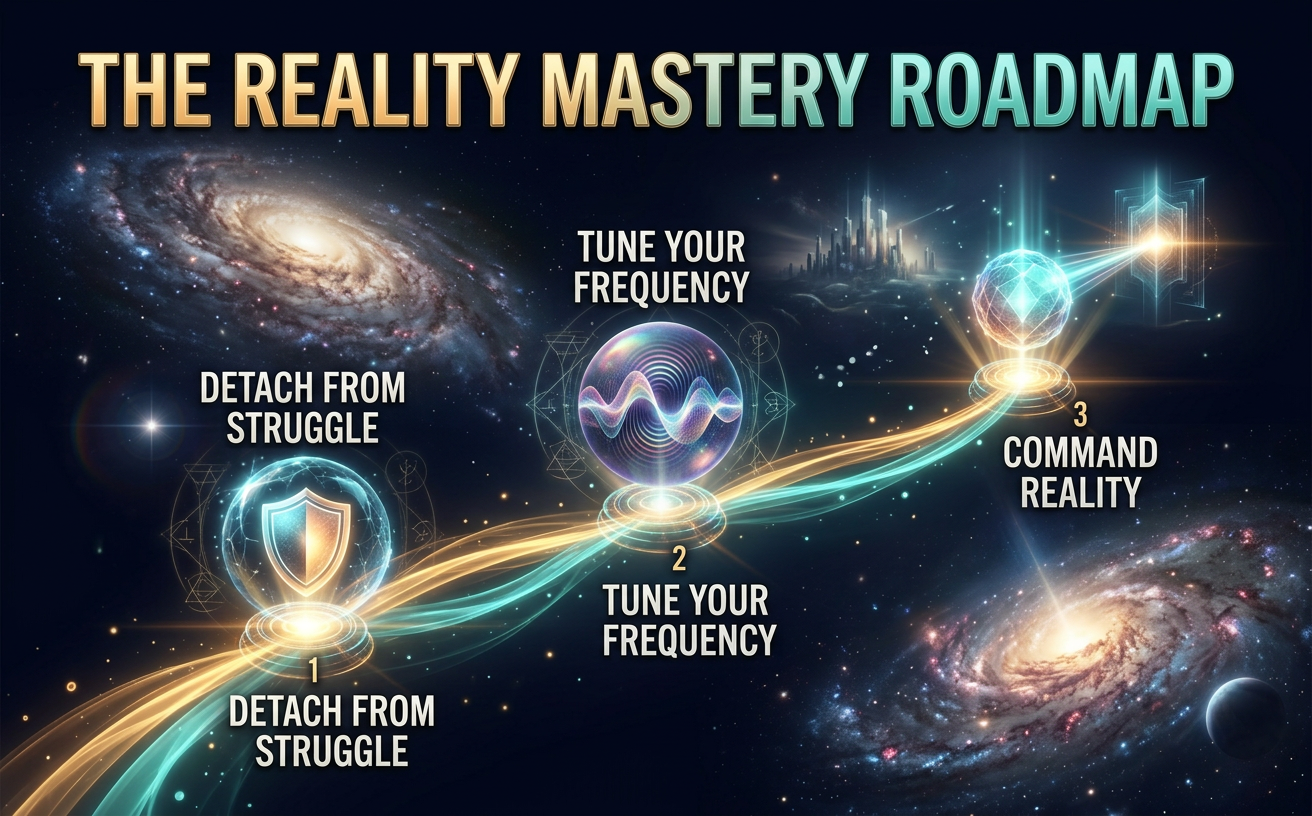 Wide landscape 970x600 infographic. Deep space background (#0A0A1F) with a glowing, swirling golden orange (#E8C17F) and teal (#5DD2BD) pathway ascending forward. Three 3D glowing nodes along the path. Node 1 has a glowing shield icon labeled 'DETACH FROM STRUGGLE' in clean white font. Node 2 has a cosmic wave icon labeled 'TUNE YOUR FREQUENCY'. Node 3 has a glowing ethereal sphere icon labeled 'COMMAND REALITY'. Text at the top 'THE REALITY MASTERY ROADMAP' in bold metallic sans-serif. Surrounding faint geometric patterns. Professional, visually striking, elegant cosmic mood. No flat graphics or busy layouts.